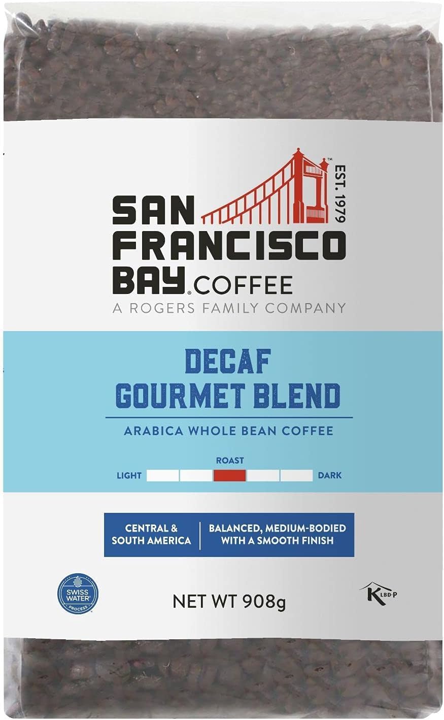 San Francisco Bay Decaf Gourmet Blend Whole Bean Coffee, 908g – Medium Roast 100% Arabica – Swiss Water Decaffeinated – Freshly Roasted in the UK