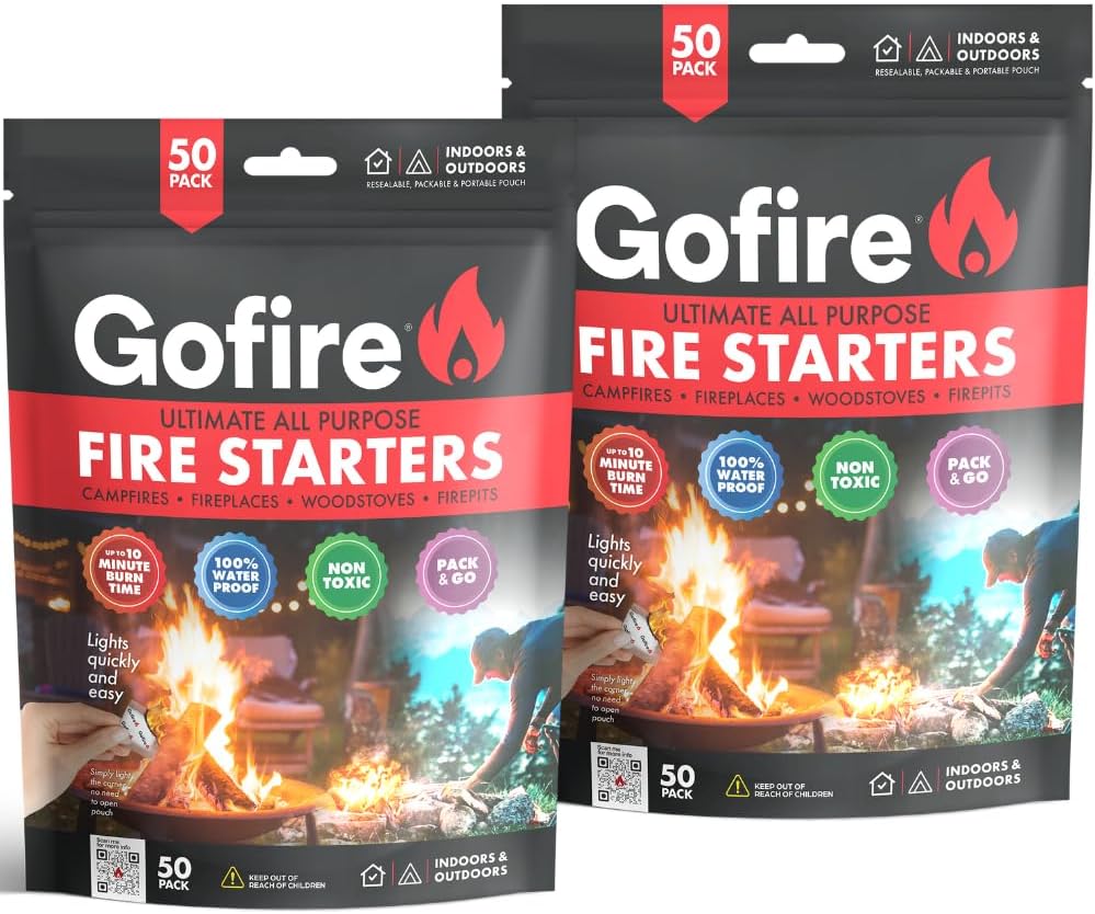 GoFire Fire Starters, Waterproof, Non Toxic, Packable Fire Starter! Perfect for Wood Stove. Firestarters for Wood Burning. Superior to Fat Wood! 100 Pack
