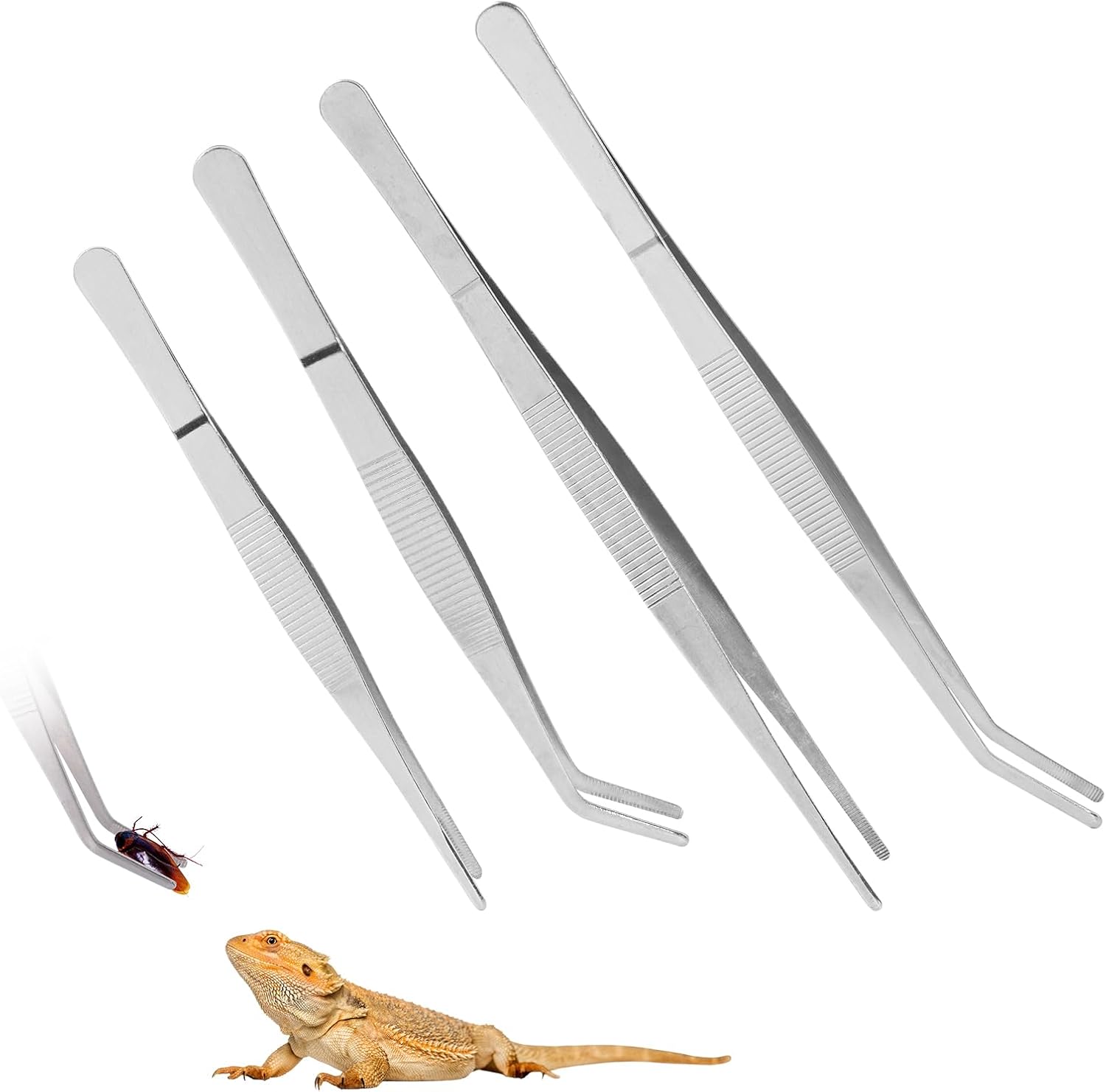 SLSON 4Pcs Reptile Long Feeding Tongs (18cm + 25cm) Stainless Steel Straight & Curved Tweezers, Fish Tank Plants Tool and Crested Gecko Lizard Snakes Feeding Clamps