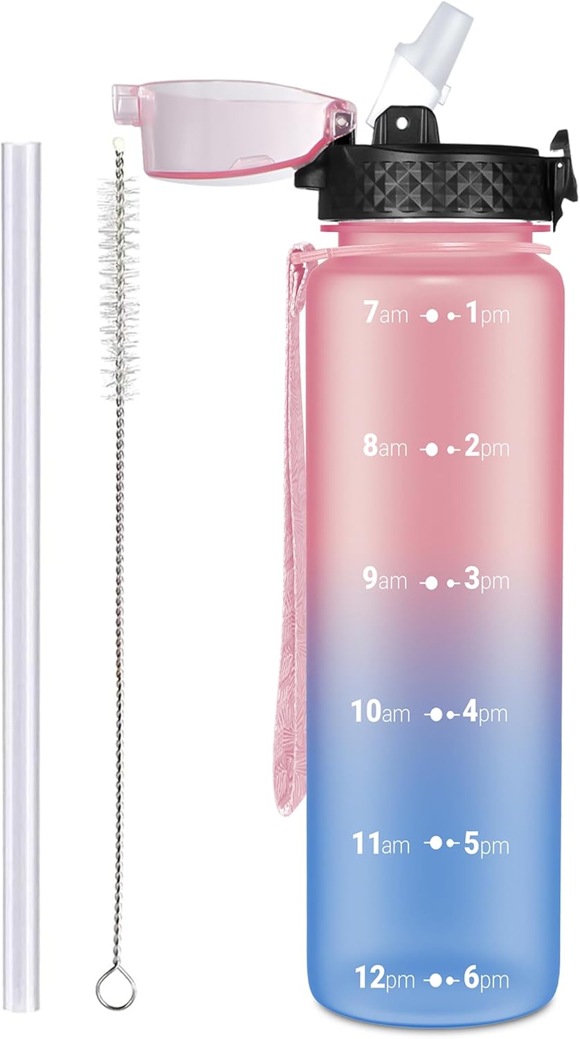 OLDLEY 1L/32oz Sports Water Bottle with Straw, 1000ml Motivational Drinks Bottle with Time Markings Leak Proof Drink & Lock Cover, BPA Free for Gym School Cycling Running Hiking