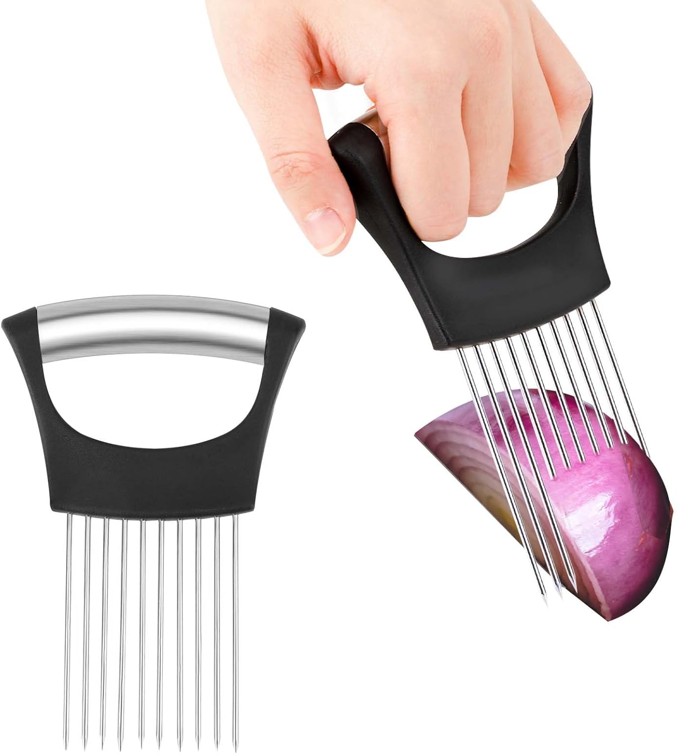 Dimeho Onion Holder for Slicing Stainless Steel Lemon Slicer Dishwasher Safe Tomato Cutter Kitchen Gadgets for Cutting Storage Vegetable Food Fruit Potato Avocados Eggs Meat