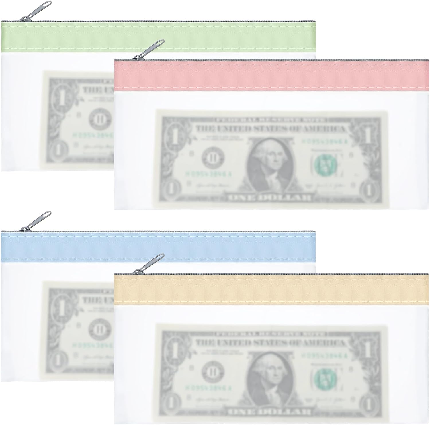 4 Pack Plastic Zip Wallets 20X10cm Clear Money Bags with Zipper, 4 Colors Money Envelopes Multi Purpose Cash Pouch Wallet for Bank Deposits, Coin Storage, Check Wallets Collectors and Bank Tellers