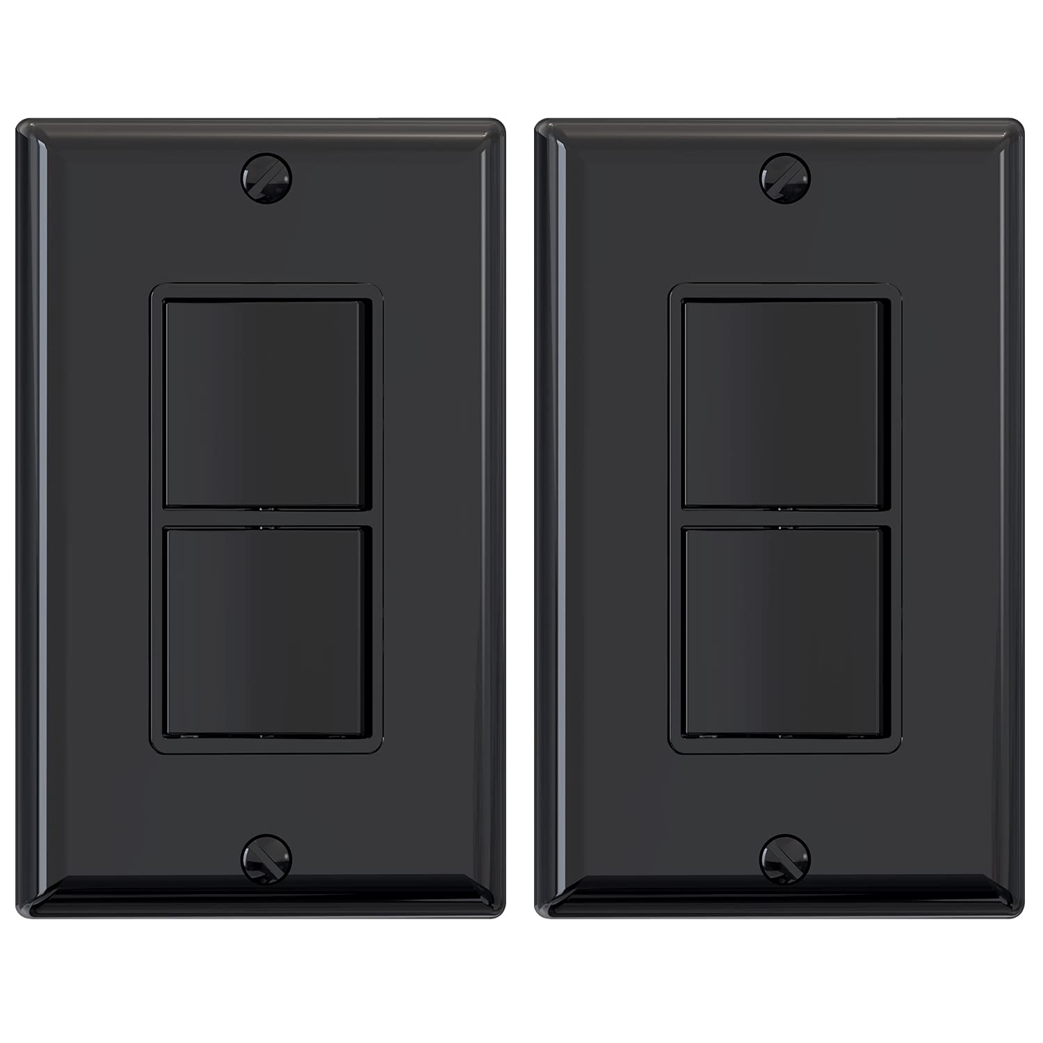 ELEGRP Decorator Double Rocker Light Switch, Two Single Pole Electrical Paddle, 15A 120V, In-Wall On/Off, Self-grounding, Wall Plate Included, UL Listed (2 Pack, Glossy Black)
