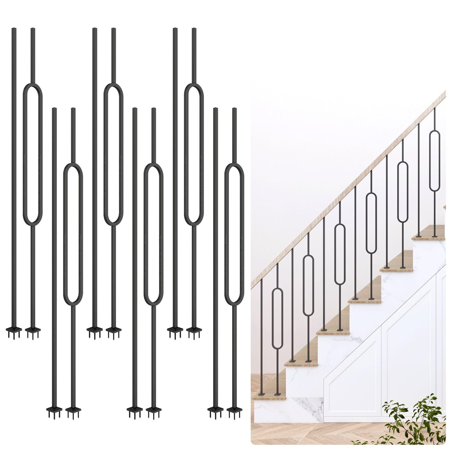 DIYHD Iron Baluster 44" Height, 12 Pack, Modern Oval Indoor Stair Baluster, 1/2" Square Wrought Iron Spindles, Powder-Coated, Includes 6 Oval & 6 Straight Balusters