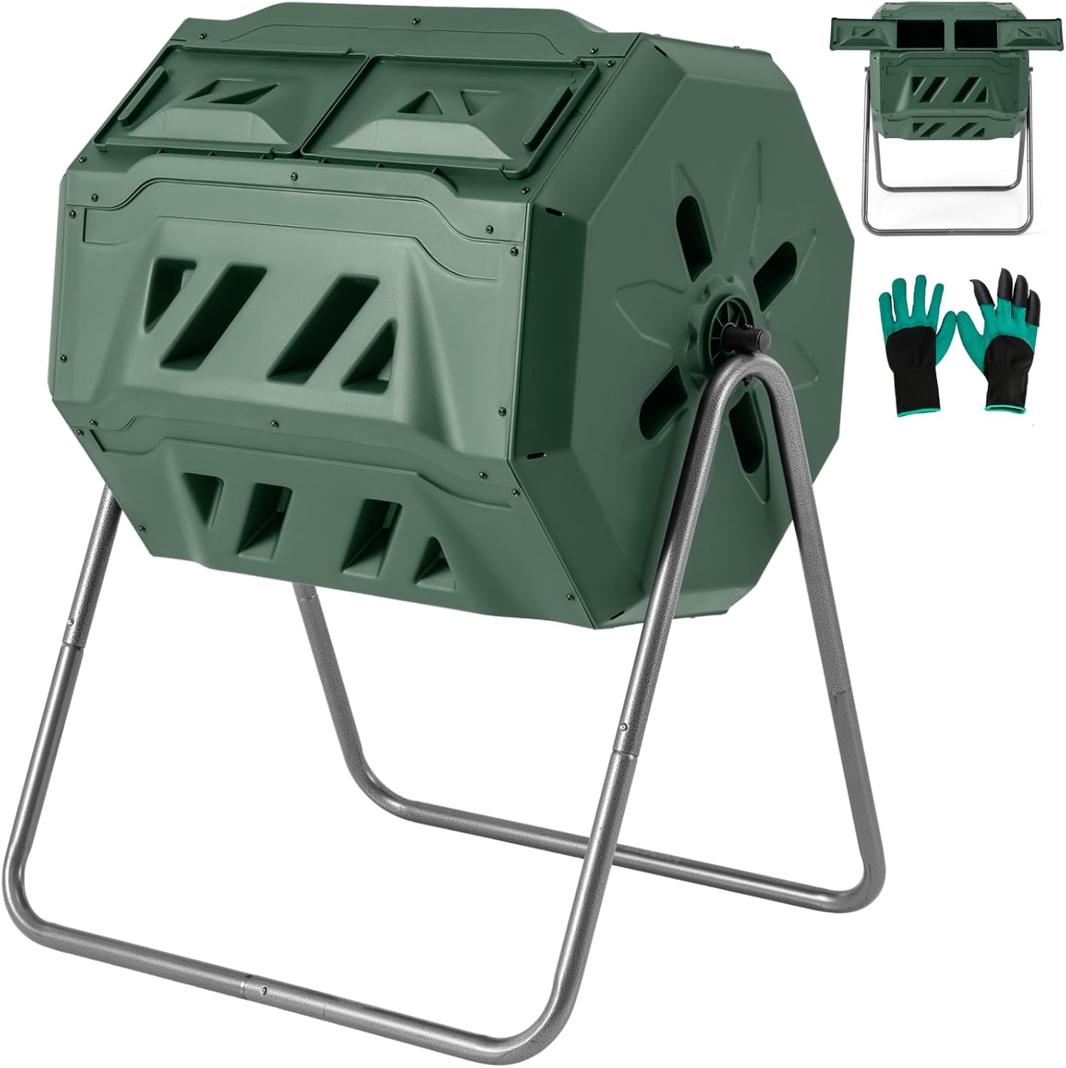 GiantexUK 160L Garden Tumbling Composter, Dual Chamber Compost Tumbler Bin with 2 Sliding Doors, Rotating Waste Bin Composting Tumbler (160L, Green)