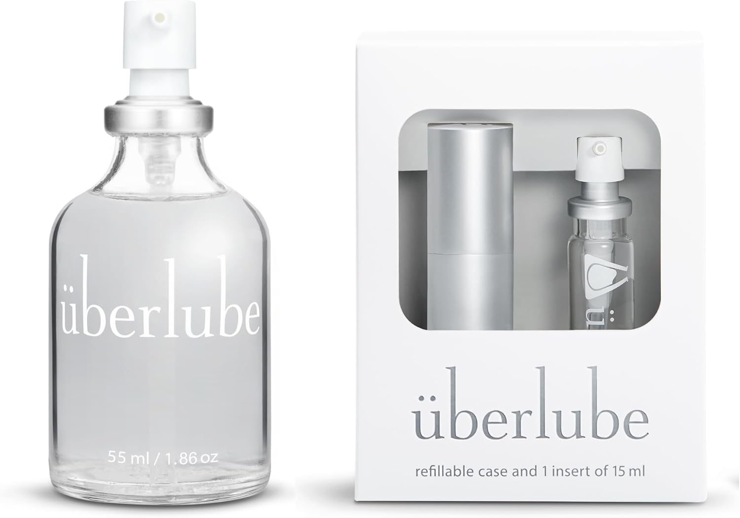 Uberlube Home and Travel Bundle - Silver Travel Lube Kit + 55ml Bottle Silicone Lube, Unscented, Flavorless, Works Underwater - 55ml + Silver Kit