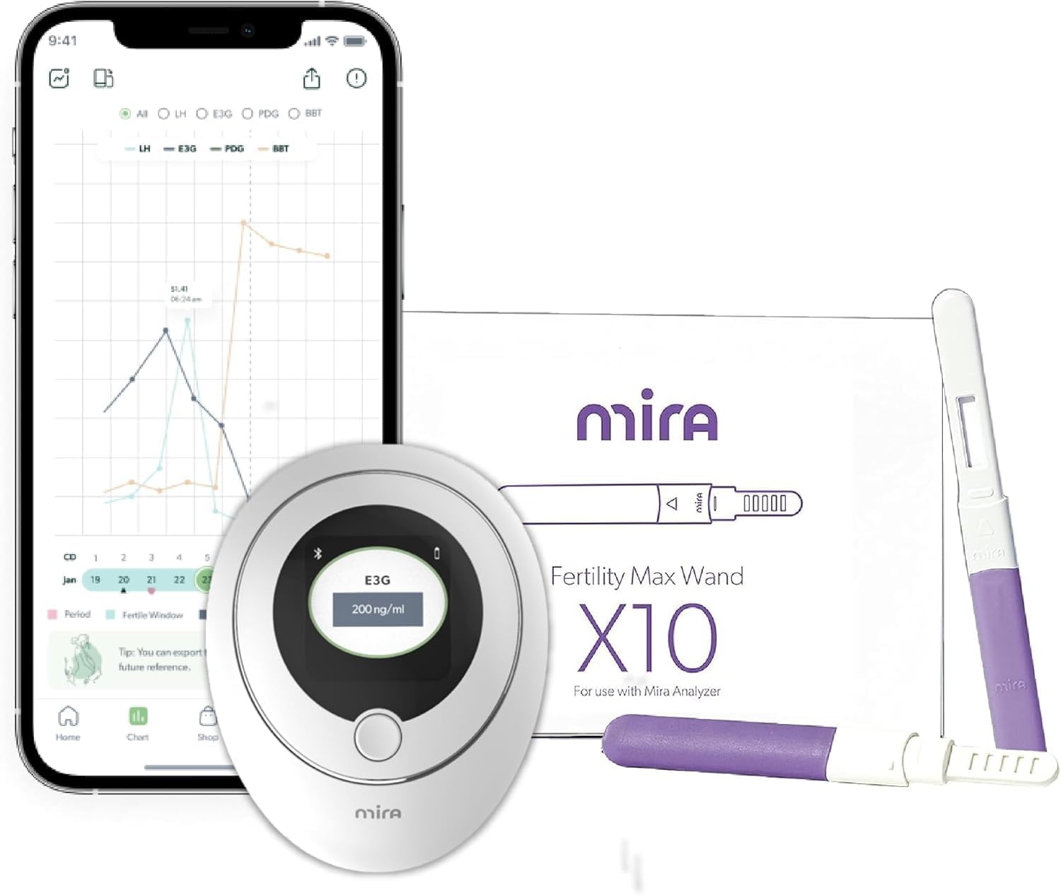 Mira Fertility MAX Ovulation Predictor Kit for Women, with 10 Ovulation Test Sticks, Digital Ovulation Tracker & Easy to Use Mira App, Monitor PdG, LH & E3G at Home, Individual Ovulation Test Strips