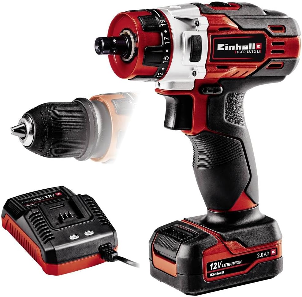 Einhell Cordless Drill TE-CD 12/1 X-Li (1 x 2.0 Ah) (Li-Ion, 12 V, 2-Speed Gearbox, Removable Drill Chuck, Speed Electronics, LED Lighting, Soft Grip, Includes 2.0 Ah Battery and 45 Minute Charger)