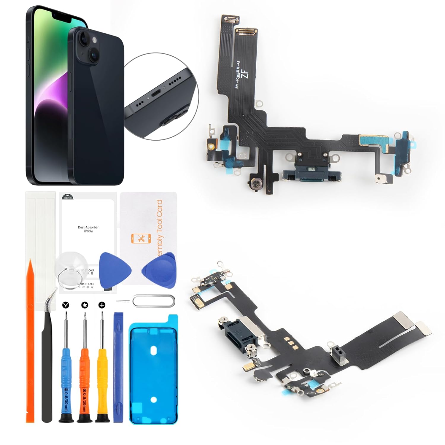 for iPhone 14 Lightning Charging Port Replacement (Midnight) USB Dock Connector Flex Cable Assembly Includes Waterproof Tape & Tool Kit for A2882, A2649, A2881, A2884, A2883