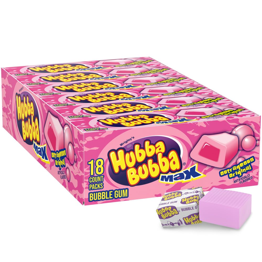 HUBBA BUBBA Gum Max Bubble Gum Bulk, Individually Wrapped, Original Flavor, 5 Count Packs, 18 Pack Bundle