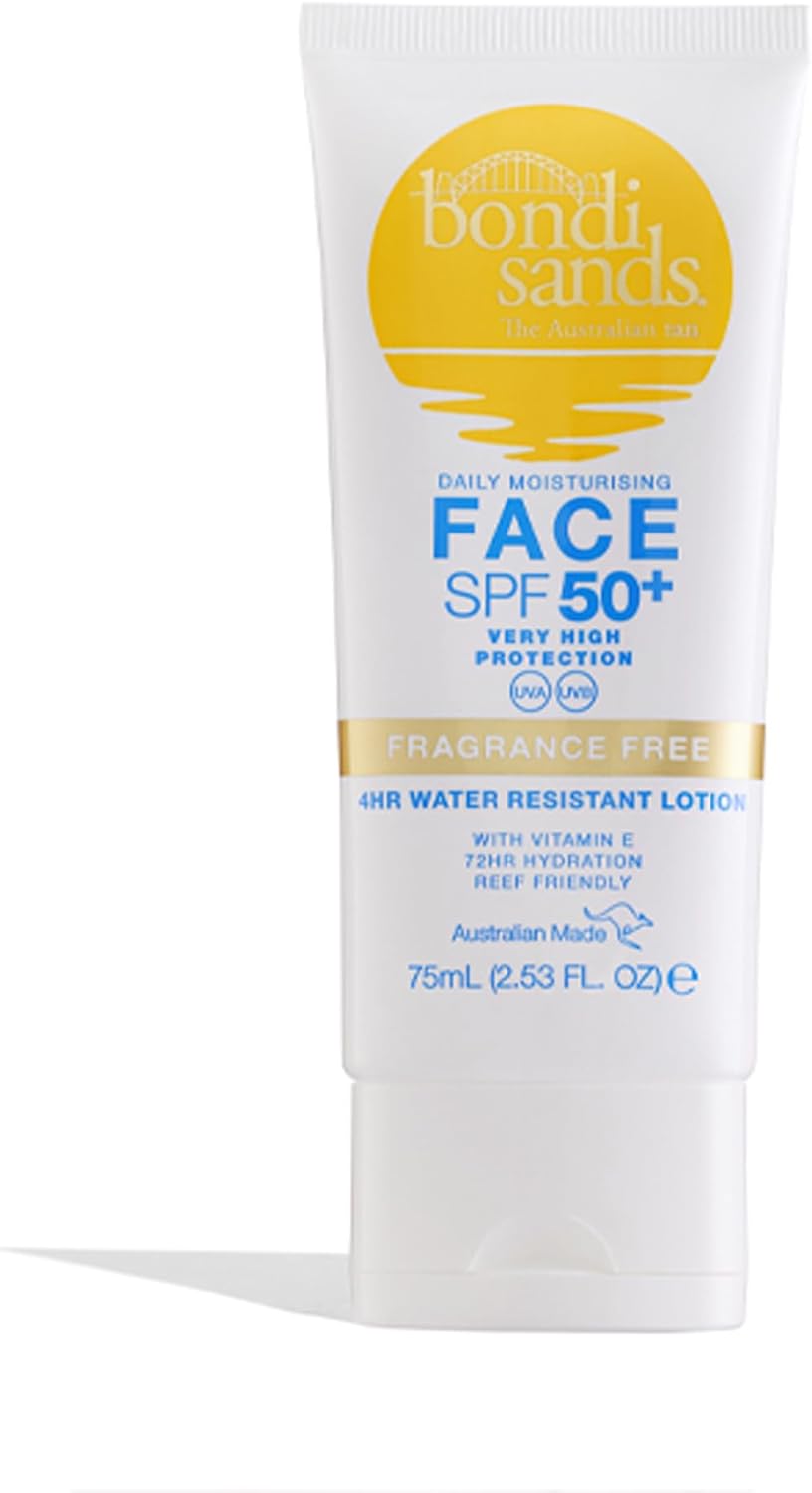 Bondi Sands Fragrance Free Face Sunscreen Lotion SPF 50+ | Gentle Formula Moisturises + Provides Broad-Spectrum Protection, Enriched with Aloe Vera and Vitamin E, Cruelty Free | 75 mL/2.53 Oz