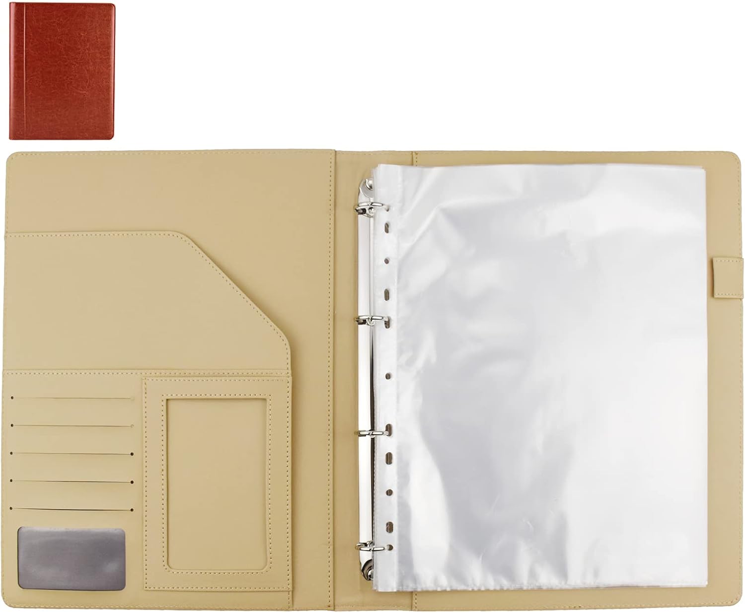 Enyuwlcm PU Leather Padfolio Ring Binder with Clipboard Resume Leather Portfolio with 20 Clear Plastic Sleeves Brown
