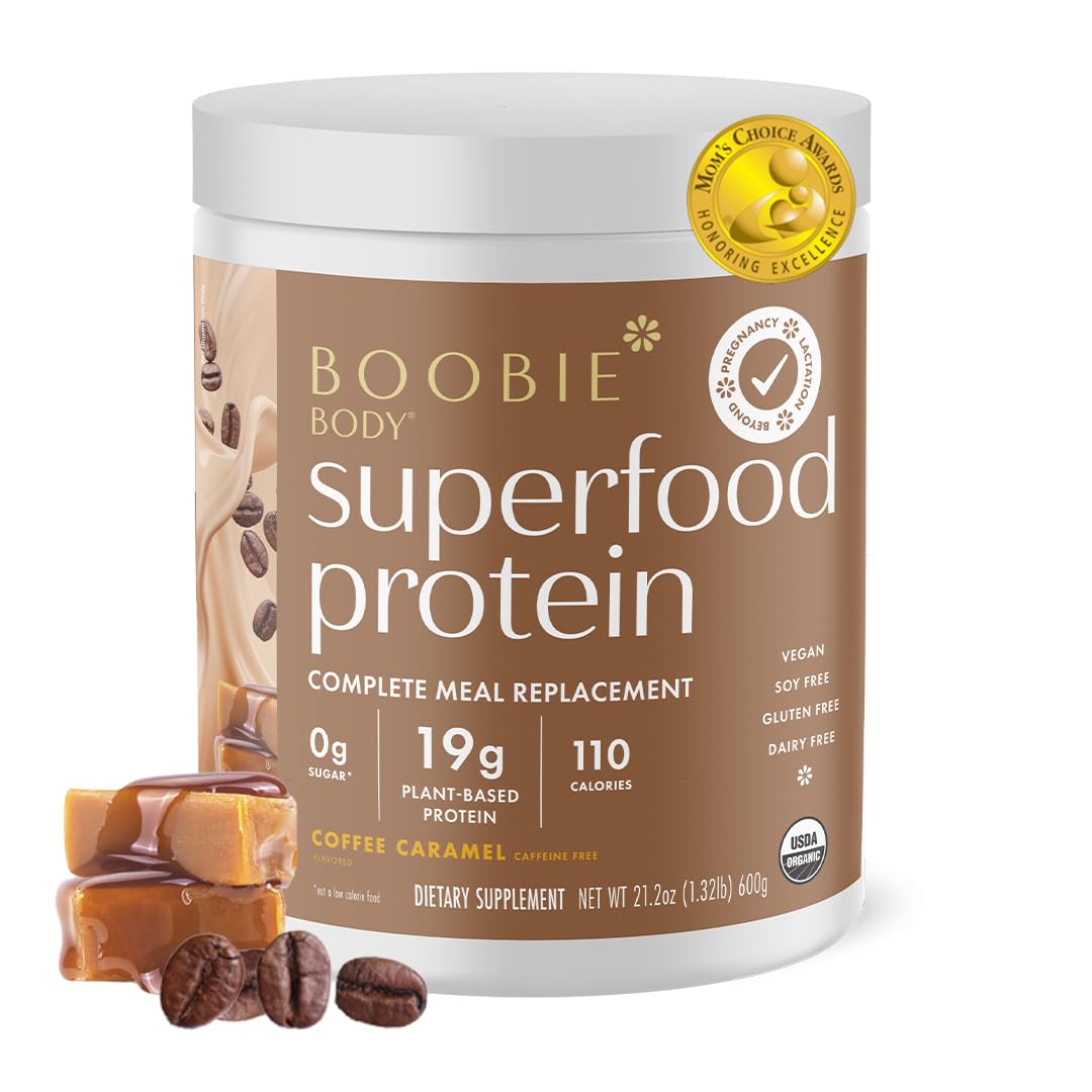 Boobie Body Superfood Protein Meal Replacement Shake, Coffee Caramel Flavor | 19g Protein | Safe for Prenatal, Pregnancy, Lactation, & Motherhood | Organic, Vegan, Zero Sugar, 1 Tub (20 Servings)