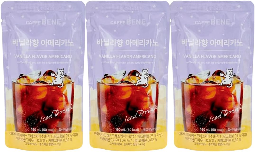 Caffe Bene Korean Style Instant Pouch Coffee Americano Vanilla Flavour Easy & Convenient Drink 190ml (Pack of 3)