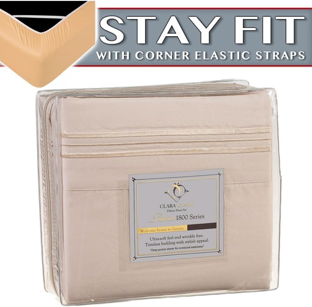 Clara Clark 1800 Series Bed Sheet Sets - Stay fit on Mattress with Elastic Straps at Corners - Cal King Size, Beige Cream