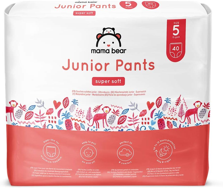 Amazon Brand - Mama Bear Super Soft Junior Nappy Pants, Size 5 (13-20kg), 80 Count (2 Packs of 40), White