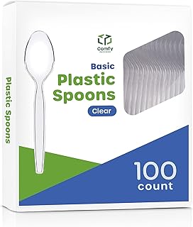 Comfy Package [100 Pack] Heavy Duty Disposable Clear Plastic Spoons - Plastic Silverware, Basic Cutlery for Parties, Events, and Everyday Use
