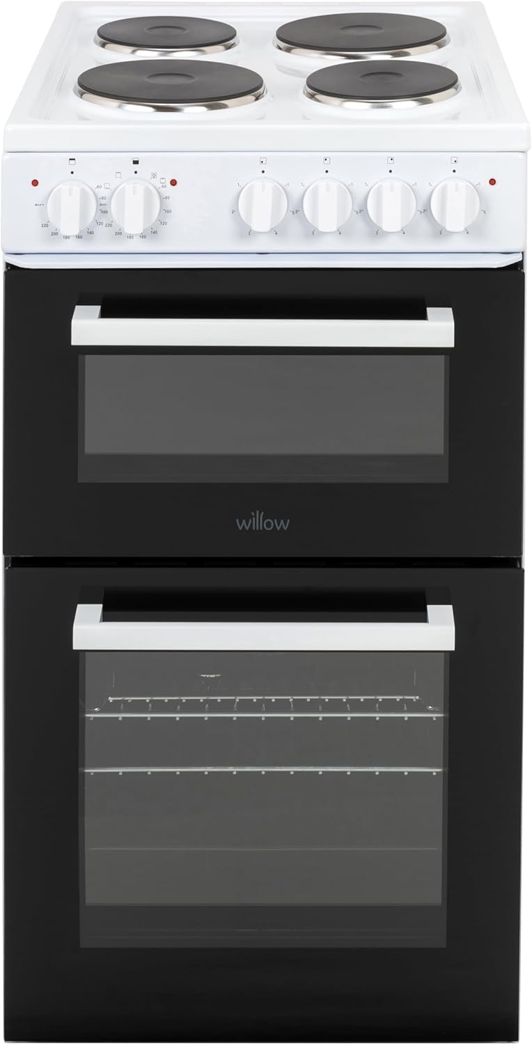 Willow WE50TSW 62L Freestanding Electric Cooker, 50cm Wide Twin Cavity Cooker with Solid 4 Plate Hob, 31L Capacity Grill Cavity, 2 Year Warranty - White