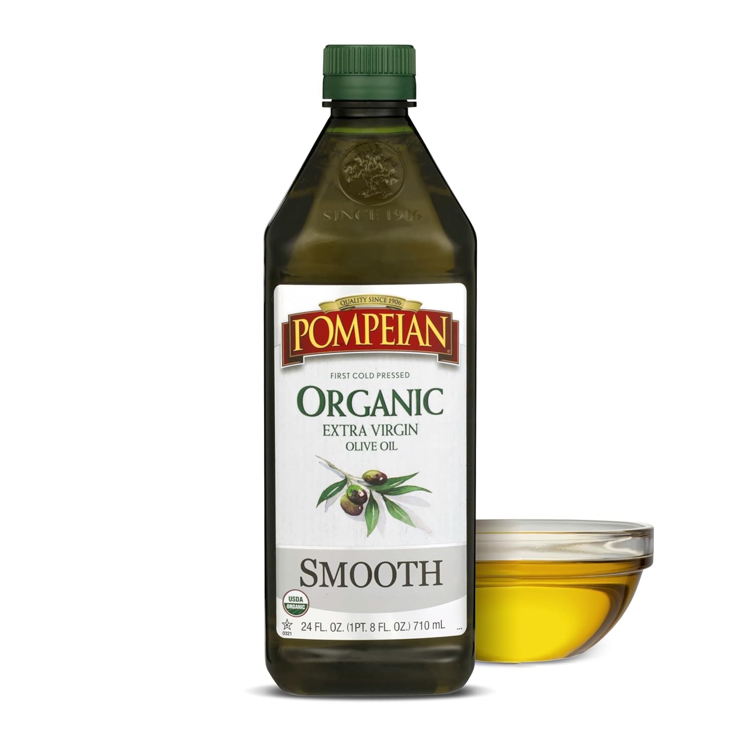 Pompeian Smooth Organic Extra Virgin Olive Oil - 24 fl oz - 710 mL - First Cold Pressed Olive Oil for Cooking - Smooth Taste for Sauteing, Stir-Frying, and Baking