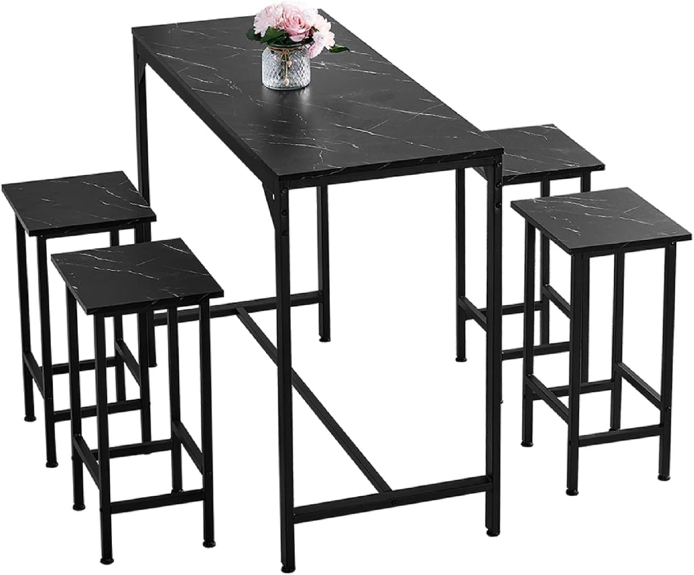 NICEME Bar Table Set of 4 - 90cm Tall Dining Table With 4 Barstools, 5pcs Home Kitchen Breakfast Set, Pub Furniture, Black Marble Texture, Made of MDF