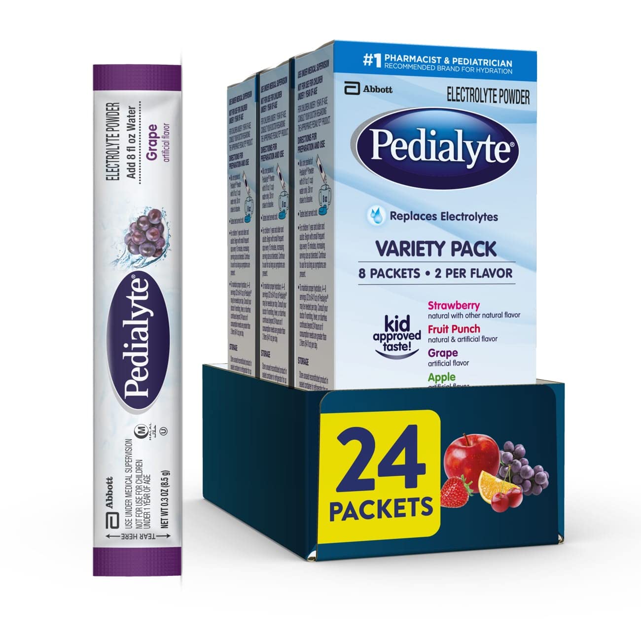 Pedialyte Electrolyte Powder | Hydration Drink for Kids & Adults | Variety Pack: Grape, Strawberry Lemonade, and Orange, 24 Powder Packets