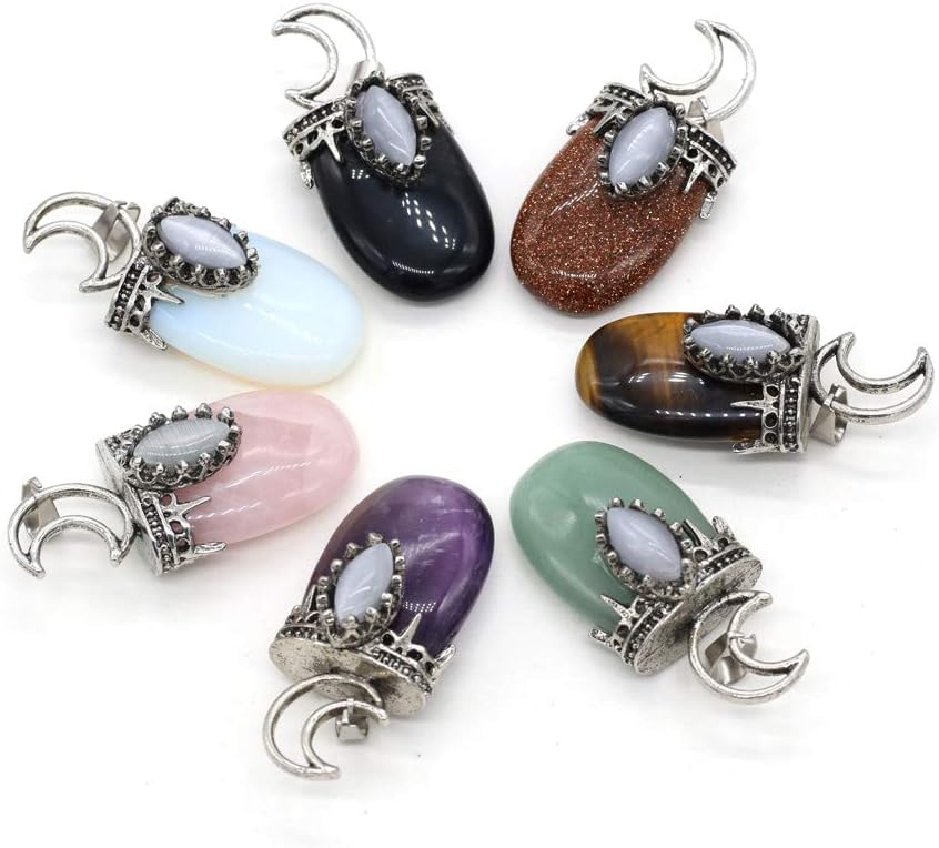 LHJ 7 Pcs Healing Crystal Pointed Gemstone Pendants Moon Crown Design Vintage Stone Charms for Jewelry Making Neckalce Gift