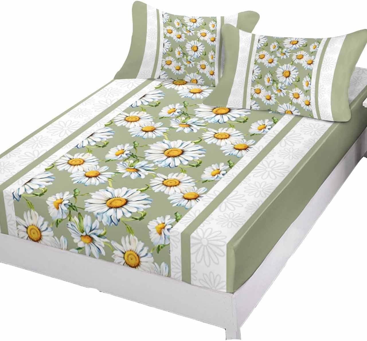 Fitted Sheets Elastic Deep Pocket Bed Sheet Cal King, Pastoral Daisy Blossoms on Sage Green Soft Bed Sheets Set,Abstract Floral Mattress Cover Up Hotel Luxury Fitted Sheet Pillowcase for Bedroom