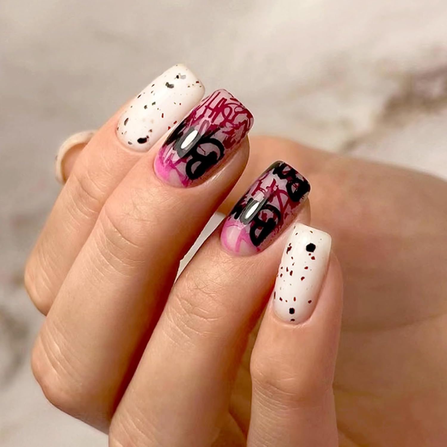 Ceboic 24Pcs Halloween Fake Nails Black Red French Short False Nails Square Cute Shards Press on Nails Artificial Acrylic Full Cover Stick on Nails for Women and Girls Manicure Decorations