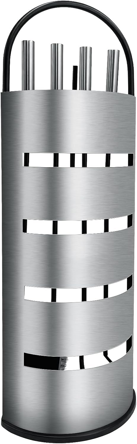 snsok Fireplace Tools Set Heavy Duty Wood Stove ClassicTool Set Top Design Fireside Companion Set 25" 5pc with Shovel, Antique Brush, Chimney Poker,Fire Tong & Stand, Silver