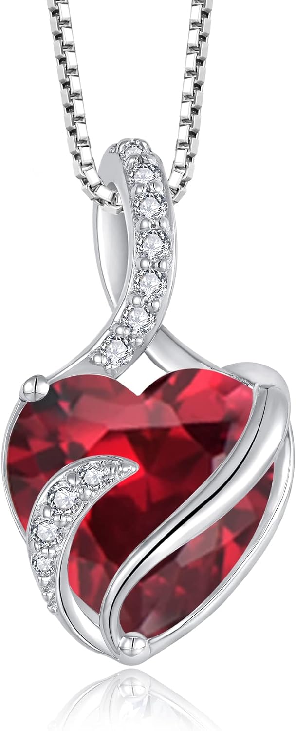 FJ Necklaces for Women 925 Sterling Silver Heart Birthstone Pendant Necklace Jewellery Gifts for Women Girls