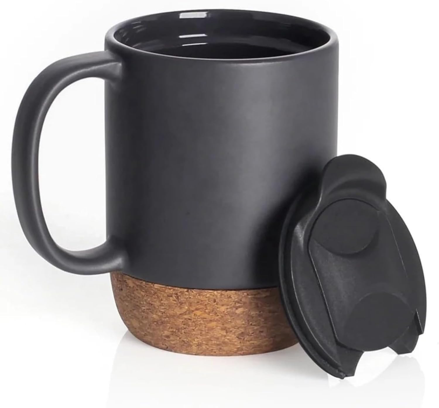 Generic Re-usable Ceramic Coffee Mug with Handle and Removable Lockable Lid with Sliding Sip Hole 400ML. Heatproof Cork Base Design. (Matte Black)