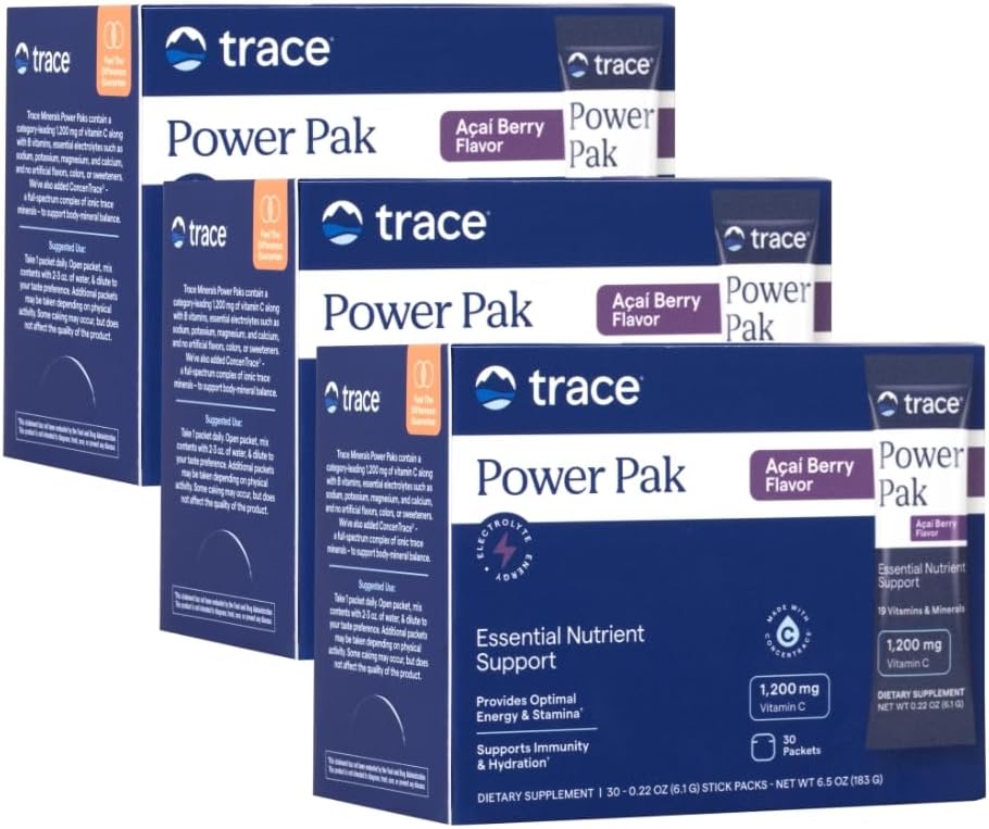 Trace Minerals Power Pak - Daily Health Support Supplement with Vitamins & Minerals - Power Packet Aids Immune Health & Hydration - Mix Powder Supports Bodily Functions - Acai Berry (90 Servings)