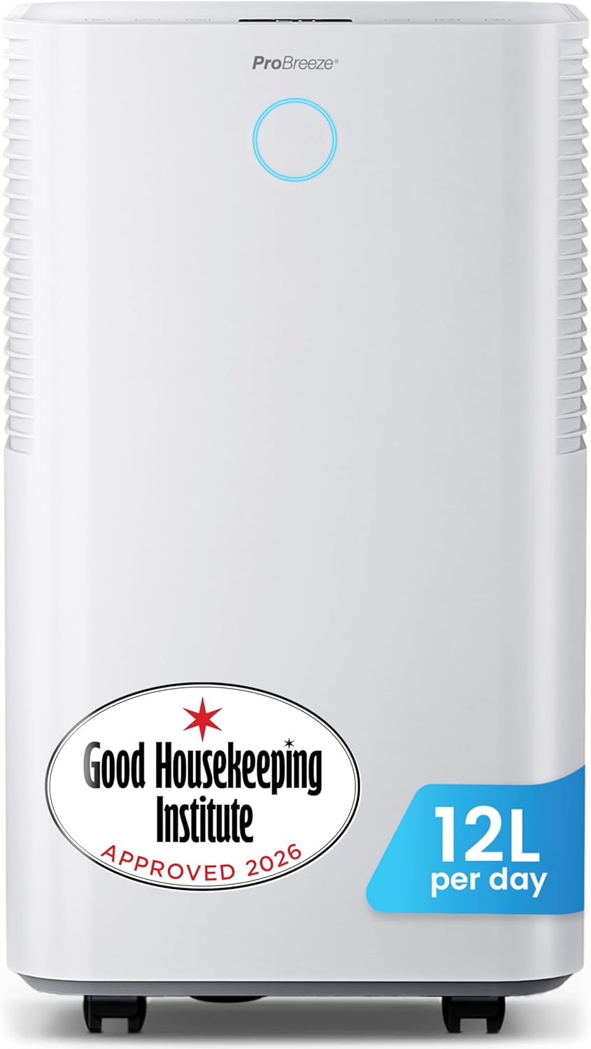 Pro Breeze® OmniDry 12L/Day Dehumidifier with Automatic Humidity Sensor & Display, 24Hr Timer, Laundry Drying, Continuous Drainage (White, 12 Litre)