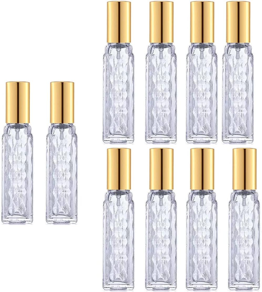 10-Pack 12ml Clear Glass Perfume Atomizer, Empty Refillable Spray Bottle, Portable Fragrance Dispenser for Travel, Fine Mist Small Spray Bottle (Gold)
