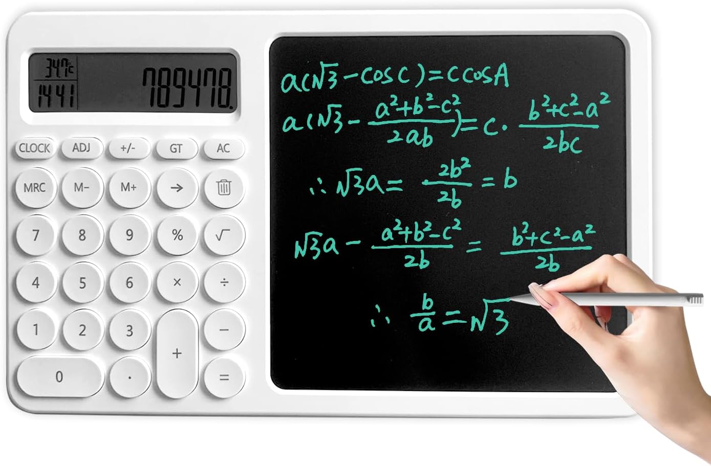 Calculator & Writing Tablet/Pad 2in1 Plus Time & Temperature Display. 1 Stylus 2 Take Note/Draw Sketch/Leave Message on 8 Inch LCD Screen. Hidden Back Support 2 Stand on Desktop. Good Business Gift