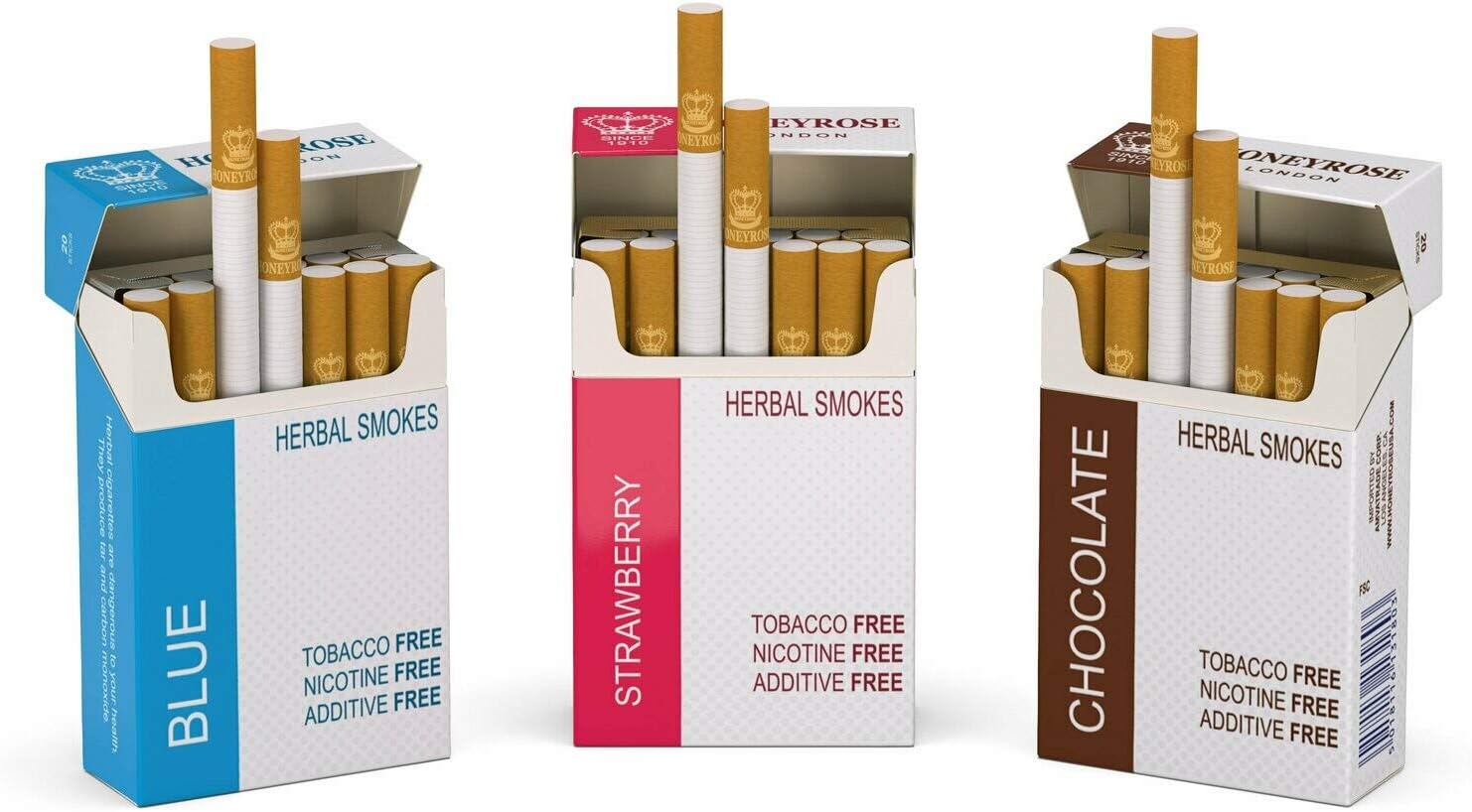HONEYROSE 3 Packs Sampler Herbal Cigarettes, CHOCOLATE - STRAWBERRY - BLUE, Tobacco & Nicotine Free