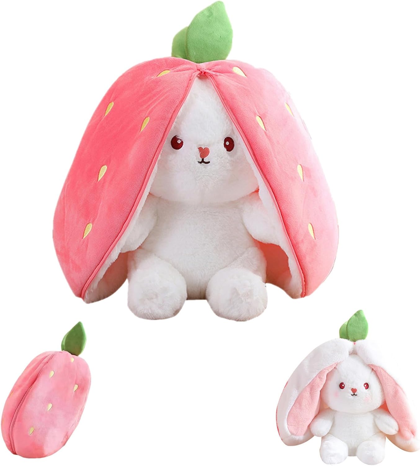 Bunny Toy for Kids, Hide And Seek Bunny Plush Toy Reversible Strawberry Rabbit Pillow with Zipper,Wrapped In Strawberries Plush Toy Floppy Ear Soft Stuffed Dolls Gift for Boys Girls