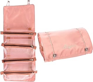Large Capacity Cosmetic Travel Bag, Women's Makeup Travel Bag Portable Leather Cosmetics Bag, Makeup Storage Bags with Handle and Divider, Wide Opening (Pink), Rose Pink, L, Travel Accessories
