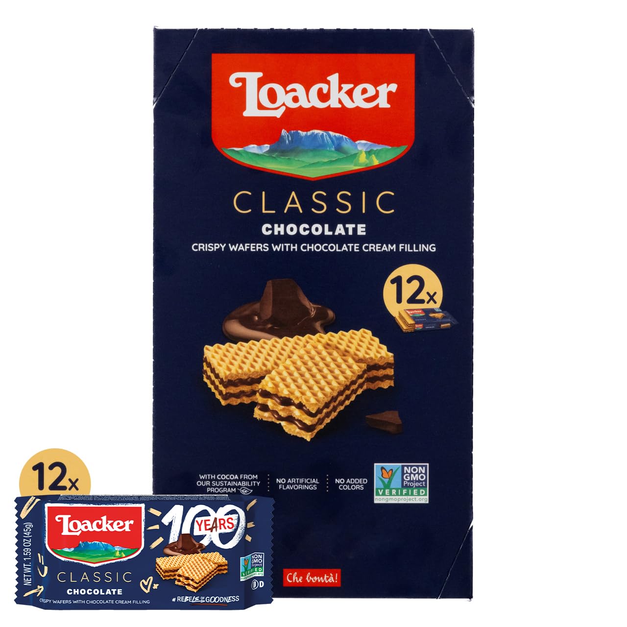 Loacker Classic Chocolate Wafers - Premium Crispy Wafer Cookies with Chocolate Cream Filling - Multipack of 12 Snack Packs - NON-GMO - Sustainably Sourced Cocoa - 45g/1.59oz, Pack of 12