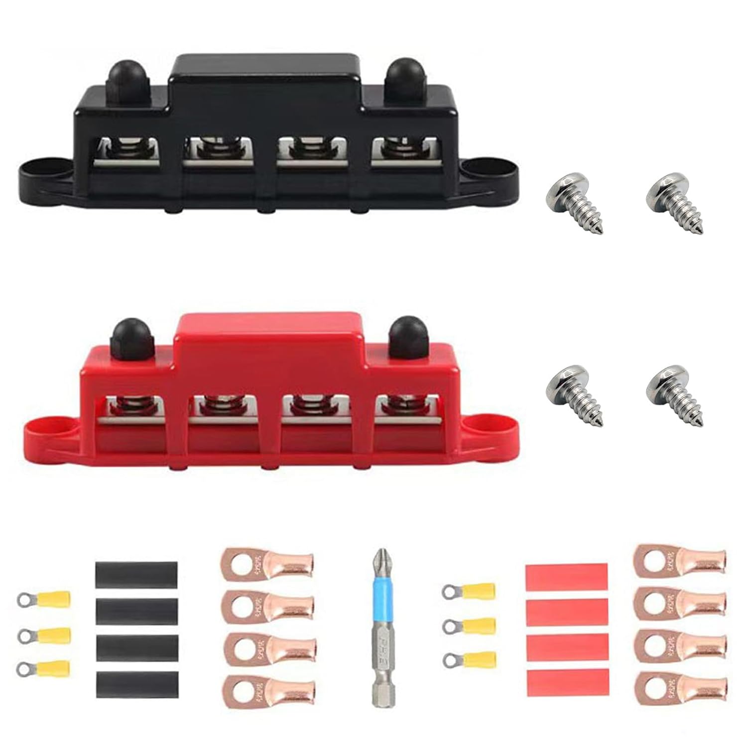 12V - 48V Bus Bar Power Distribution Block with 4 x M8 (5/16") Studs Junction Block Automotive Marine Battery Busbar Terminal Block with Cover-250A Negative&Positive for Cars RVs Ships Yachts