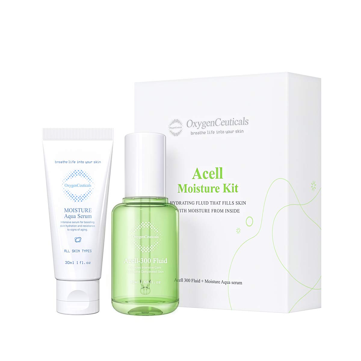 Acell Moisture Kit – Hydrating Serum & Oil-Free Ampoule for Dehydrated Skin, Acell-300 Fluid 30ml + Moisture Aqua Serum 30ml