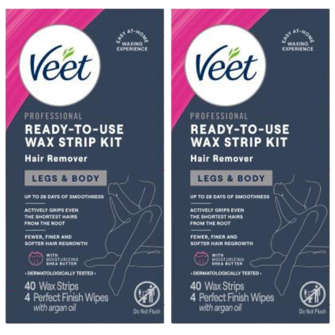 Veet Leg & Body Hair Removal Kit- Sensitive Formula, Ready-to-use Cold Wax Strips, Shea Butter & Acai Fragrance, 40 Count (Pack of 2)