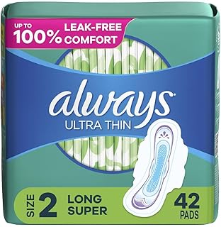 Always Ultra Thin, Feminine Pads for Women, Size 2 Long Super Absorbency, with Wings, Unscented, (Pack of 42)