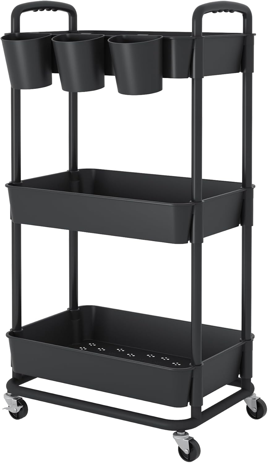 JIUYOTREE 3-Tier Plastic Rolling Storage Cart Utility Cart with Extra Hanging Cups Handles Lockable Wheels for Living Room Bathroom Kitchen Office Black