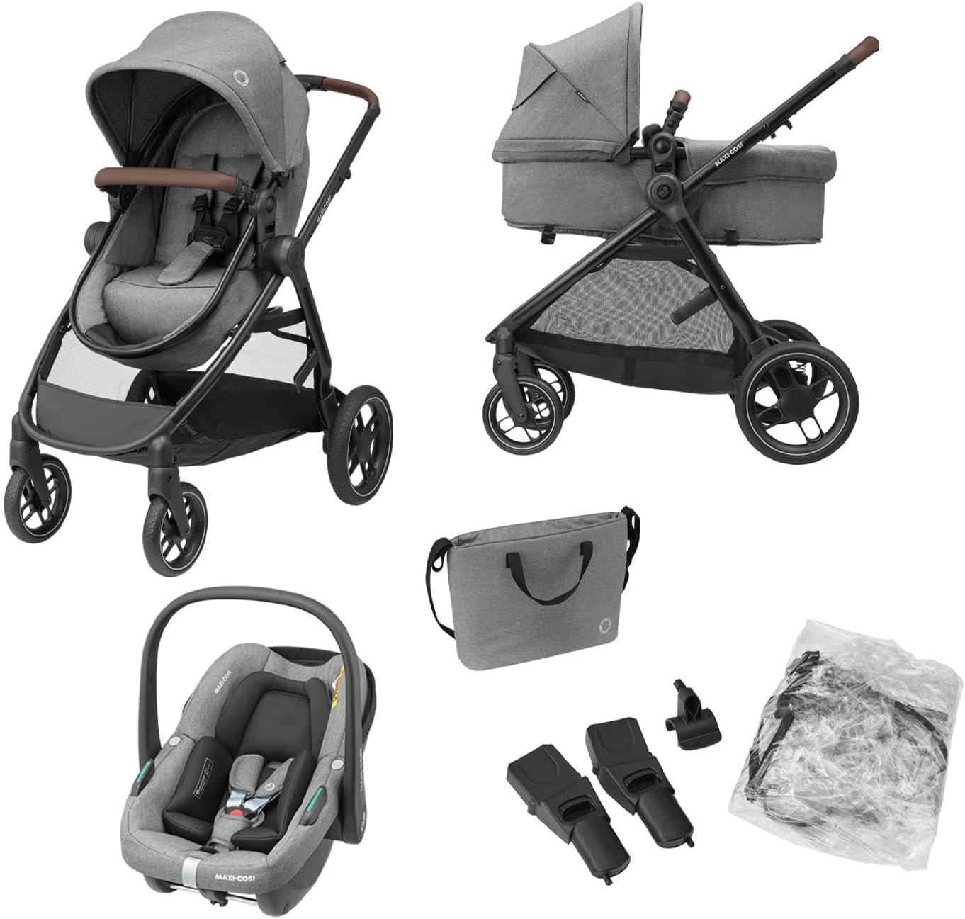 Maxi-Cosi Zelia S Trio 3-in-1 Prams Travel System, 0 - 4 Years, Up to 22 kg, Foldable, Compact and Reclining Baby Pushchair, with CabrioFix S i-Size Baby Car Seat, Accessories, Nursery Bag, Grey