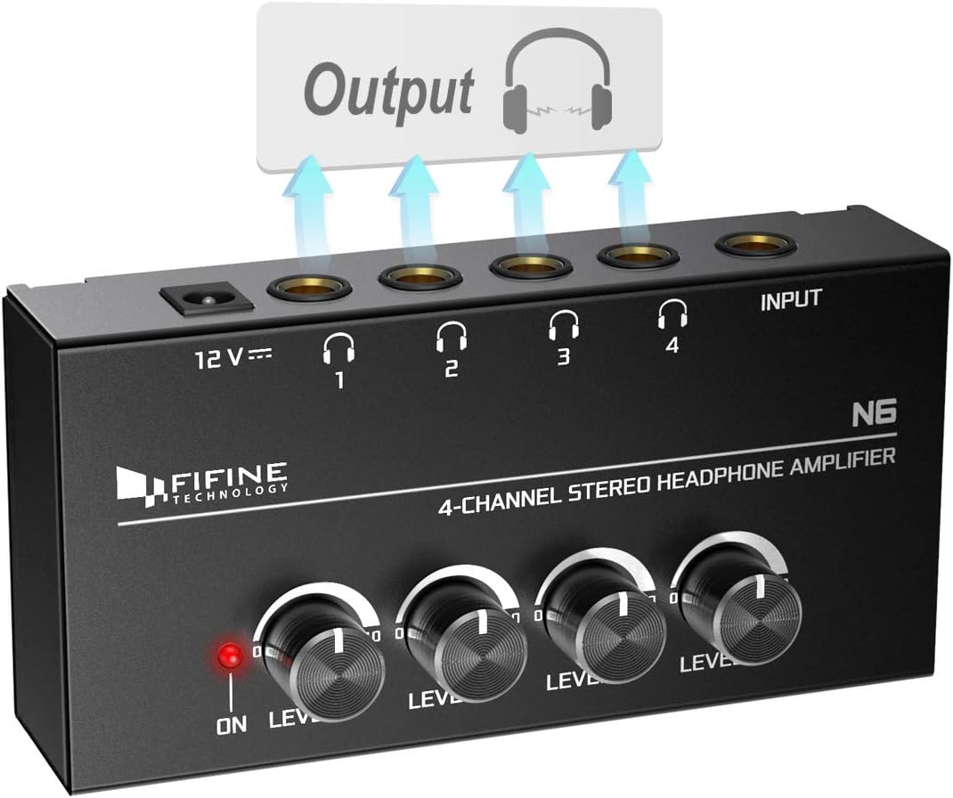 Fifine Headphone Amplifier 4 Channels Metal Stereo Audio Amplifier,Mini Earphone Splitter with Power Adapter-4x Quarter Inch Balanced TRS Headphones Output and TRS Audio Input for Sound Mixer-N6