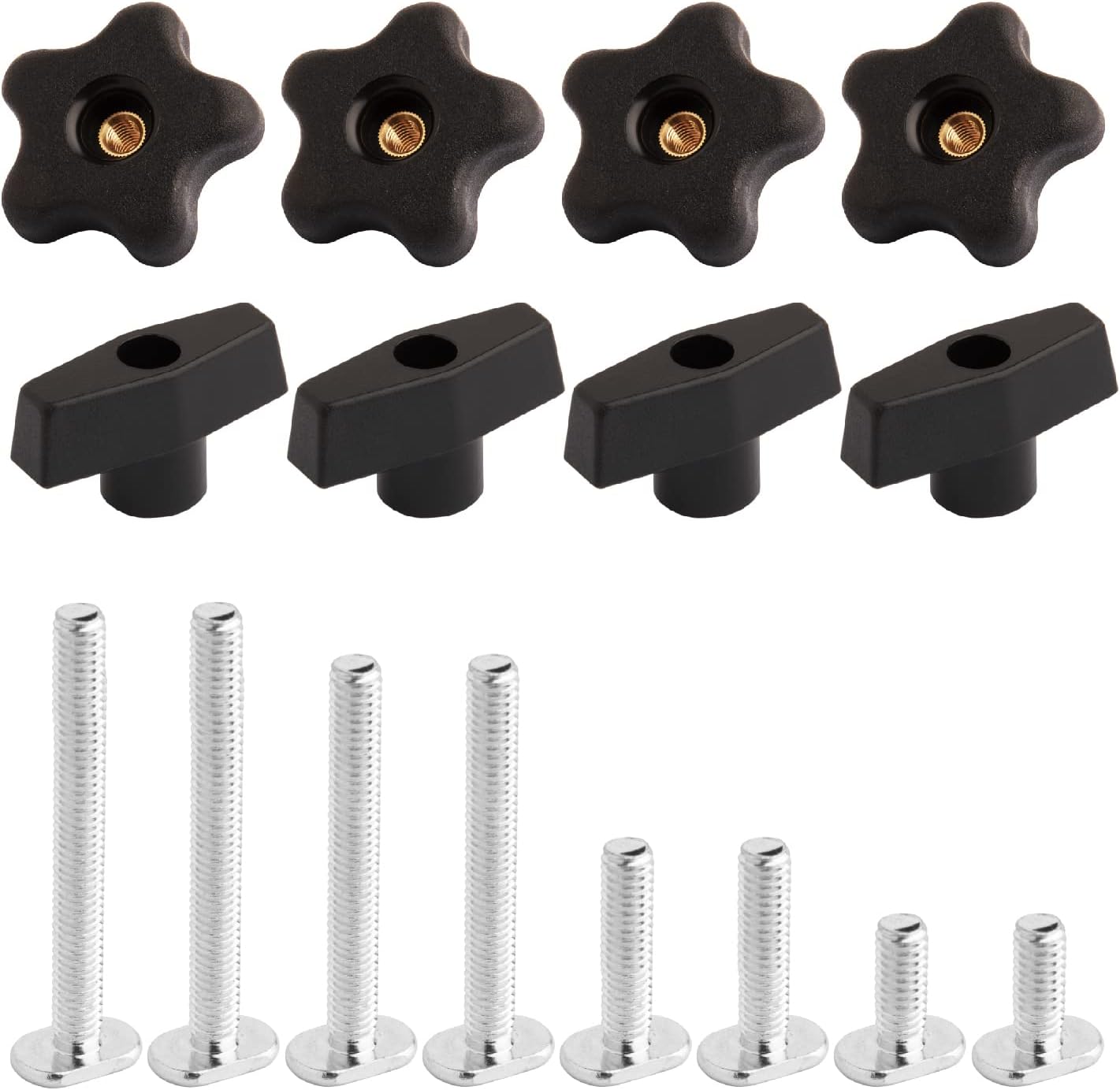 POWERTEC 71121 T Track Knob Kit w/ Threaded Knobs and 5/16”-18 T Slot Bolts, 16-Piece Set, T Track Accessories for Woodworking Jigs and Fixtures