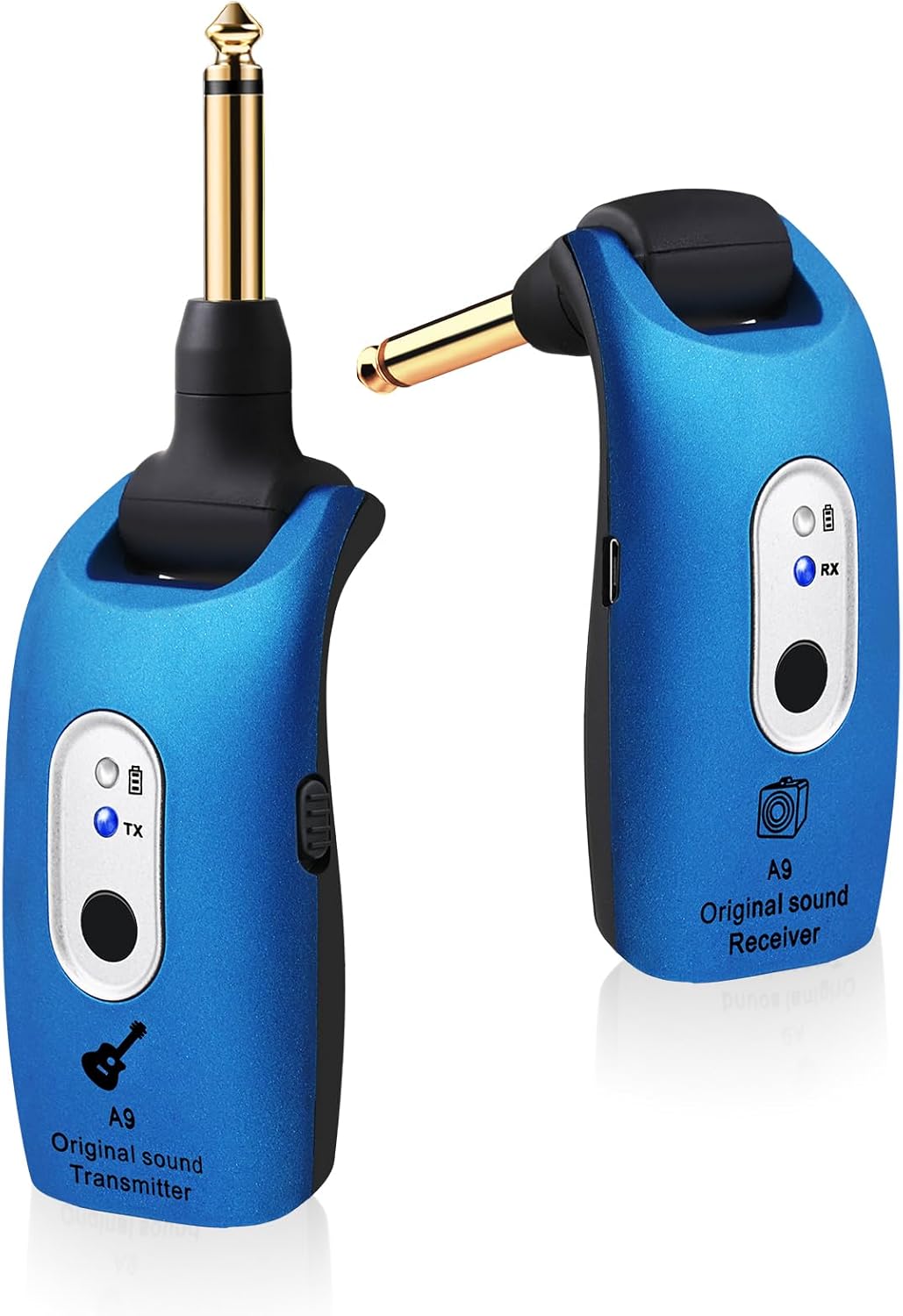 A9 Wireless Guitar System 2.4GHz Built-in Rechargeable Lithium Battery 270°Rotatable Audio Wireless Transmitter Receiver for Acoustic Guitar Bass Violin Keyboard Electric Instruments, Blue