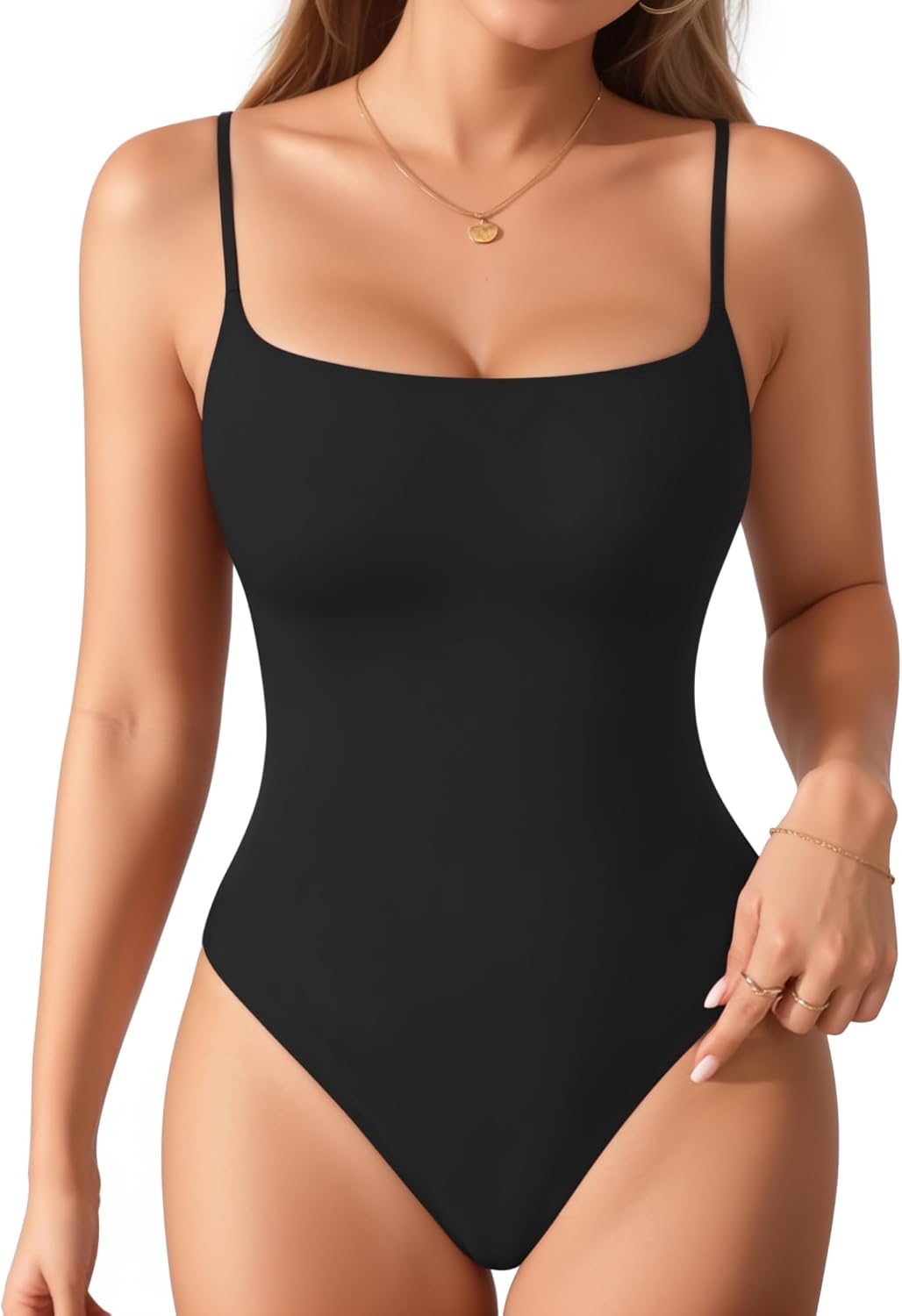 MANGOPOP Women's Cami Thong Bodysuit Double Lined Square Neck Backless Body Suit Adjustable Spaghetti Strap Tank Tops