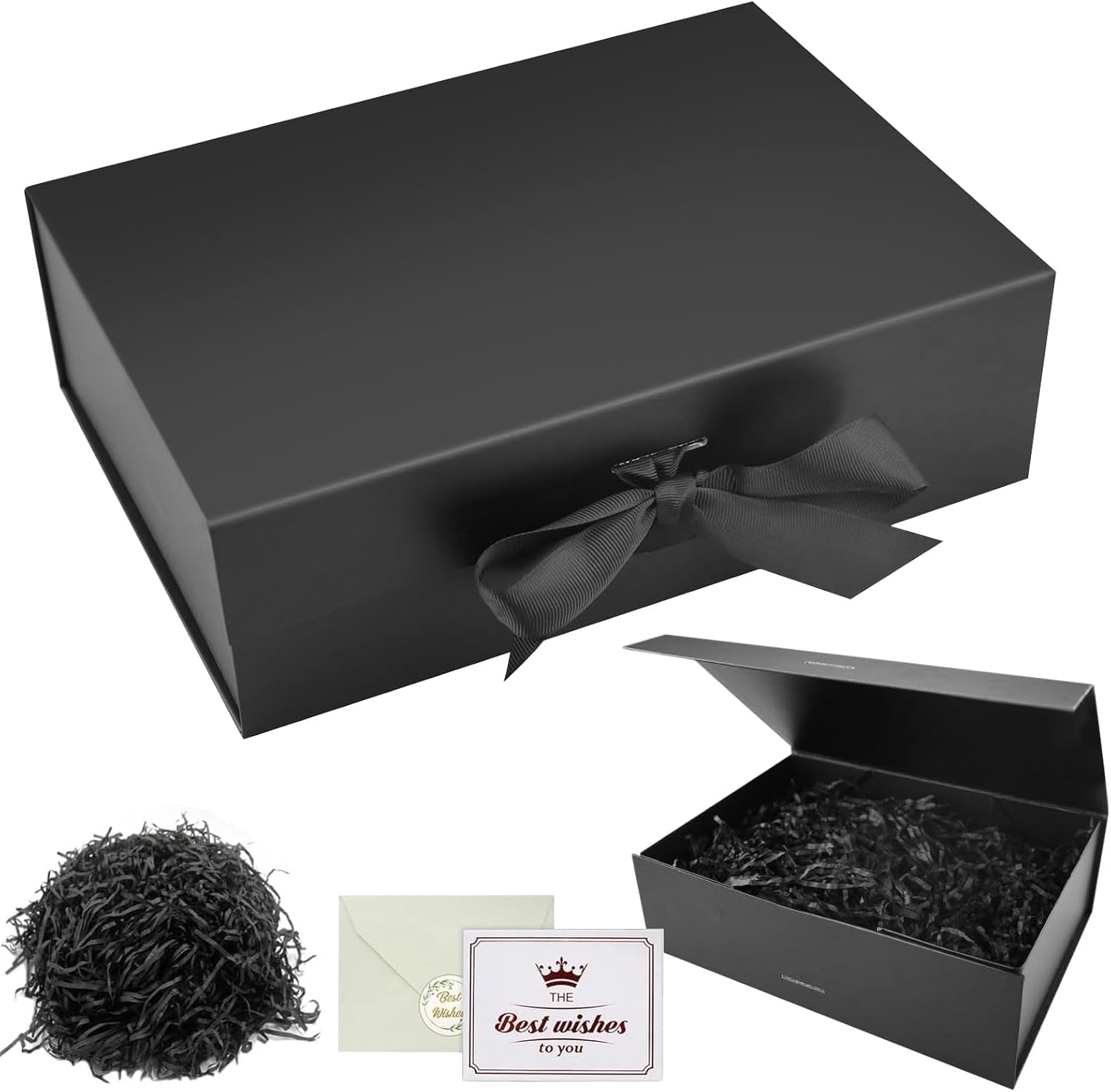 Black Gift Box with Lids, Magnetic Gift Box Luxury Present Box with Cards Envelopes Confetti Presentation Box Flat Pack Gift Boxes for Birthday Wedding, 22 * 16.5 * 8.8 cm